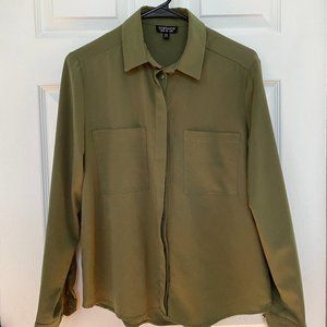 Topshop Olive Polyester Button Down Blouse, Size US 6